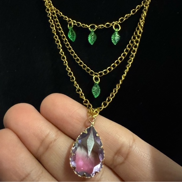 Fairycore Purple Ombre Crystal Pendant Green Leaf Necklace - Picture 13 of 16